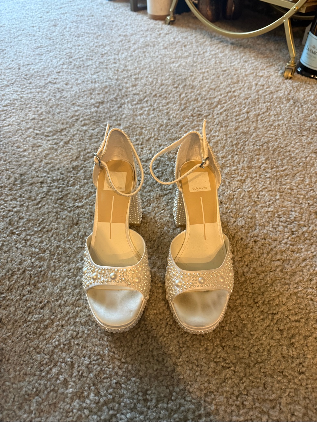 Dolce Vita Pearl-Embellished Cream Open-Toe Platform Heels